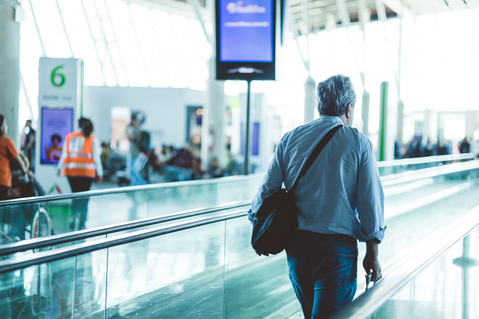 Moving walkway travelator in a modern airport terminal
